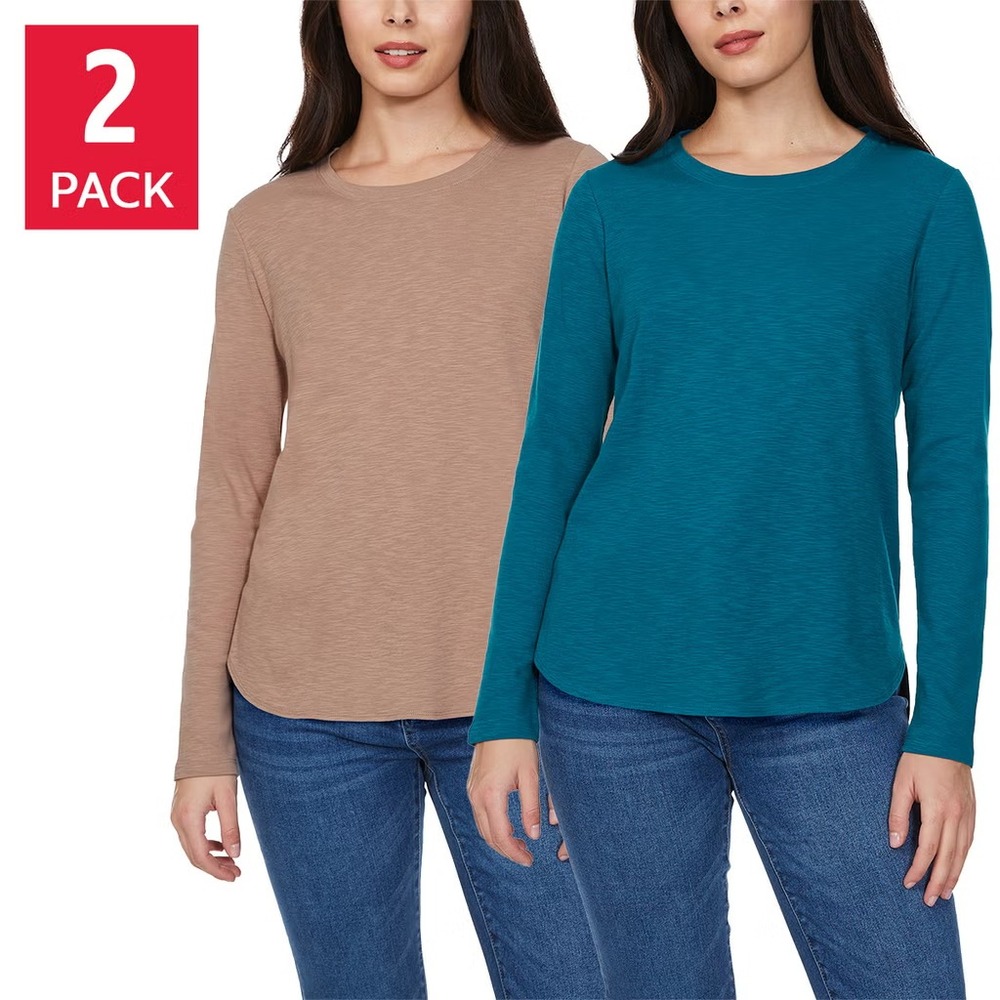 Kirkland Signature Women's Long Sleeve Slub Tee, 2-Pack, Brown / Blue, Size: 2XL